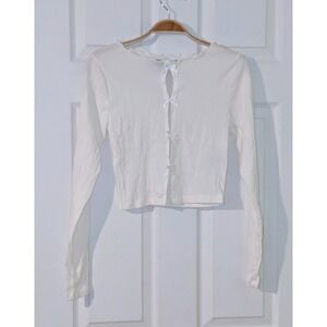 Primark White Bow Front‎ Long Sleeve Crop Top Ruffle Neckline Size S